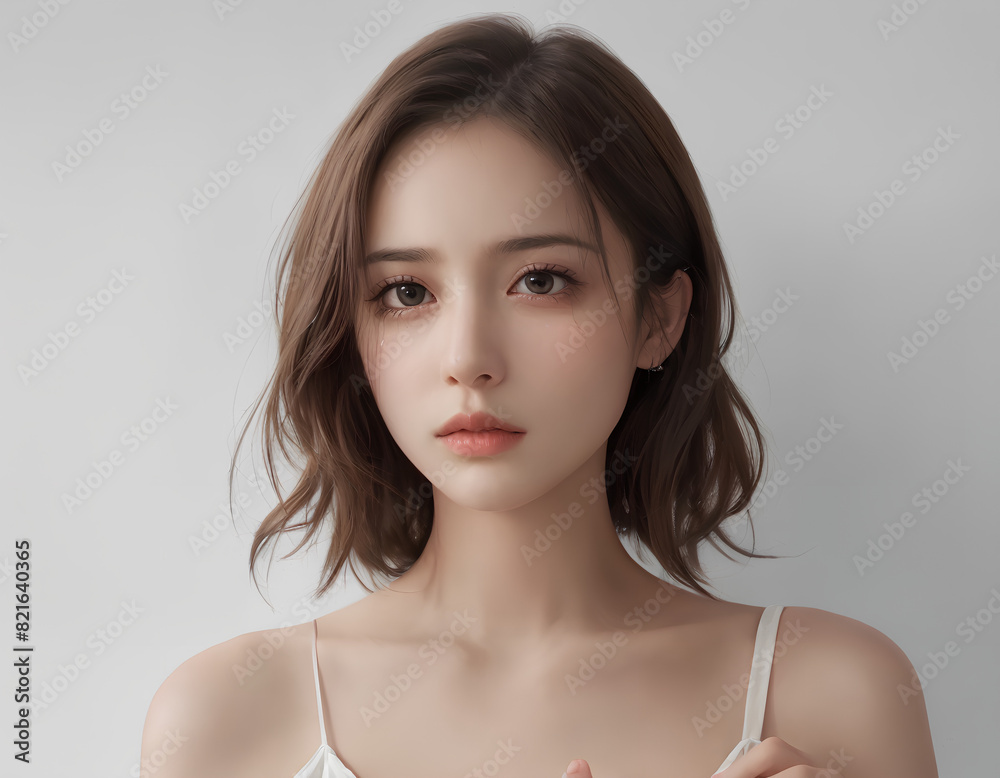 elegant close-up of a short-haired young woman, calm and composed elegant close-up of a short-haired young woman, calm and composed