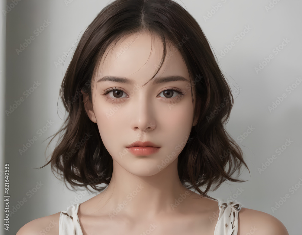 elegant close-up of a short-haired young woman, calm and composed elegant close-up of a short-haired young woman, calm and composed