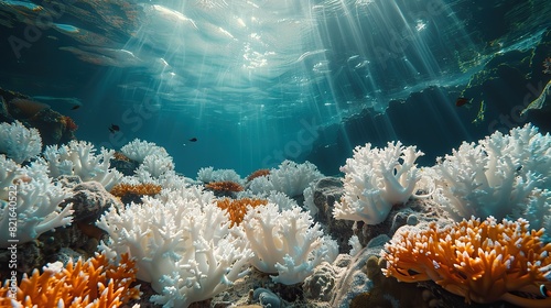 Fototapeta Naklejka Na Ścianę i Meble -  A coral reef bleaching and turning white with lifeless marine creatures conceptual illustration of ocean warming and its devastating effects on coral ecosystems.