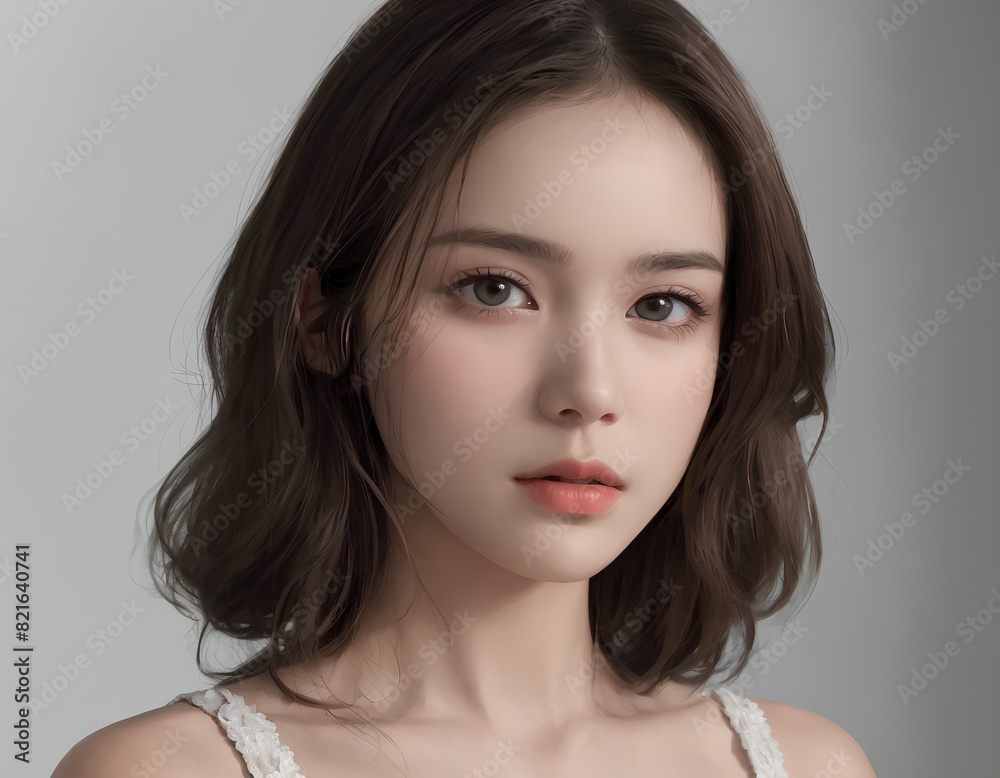 elegant close-up of a short-haired young woman, calm and composed elegant close-up of a short-haired young woman, calm and composed