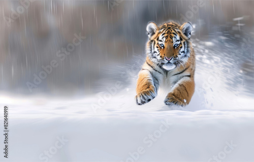 A tiger cub running in the snow  with snowflakes flying around it and motion blur