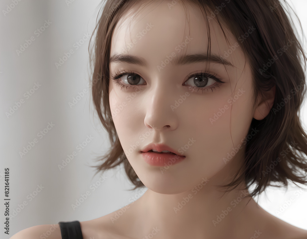 elegant close-up of a short-haired young woman, calm and composed elegant close-up of a short-haired young woman, calm and composed