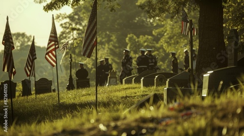 Memorial Day procession with half-staff flags, close up, graveside respect, realistic, Manipulation, hillside cemetery backdrop photo