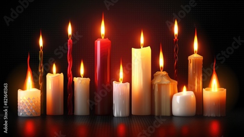 A row of candles with different colors and sizes, some are lit and some are not. Concept of warmth and coziness, as the candles create a soft, flickering light that illuminates the scene