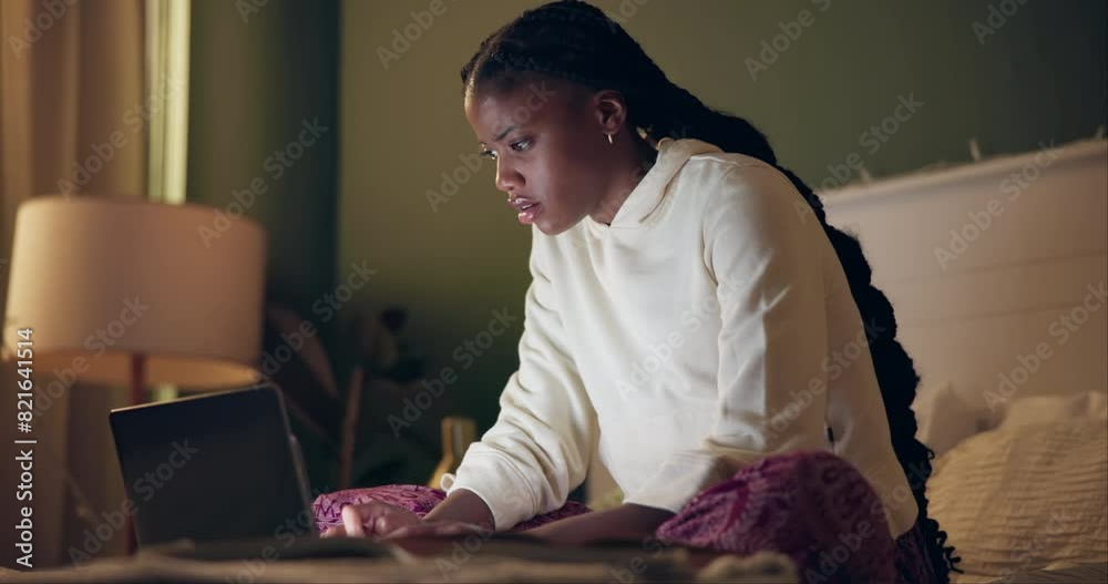 Laptop, night and student black woman on bed in home for distance learning or remote education. Computer, evening research and notebook with college or university person study in apartment bedroom