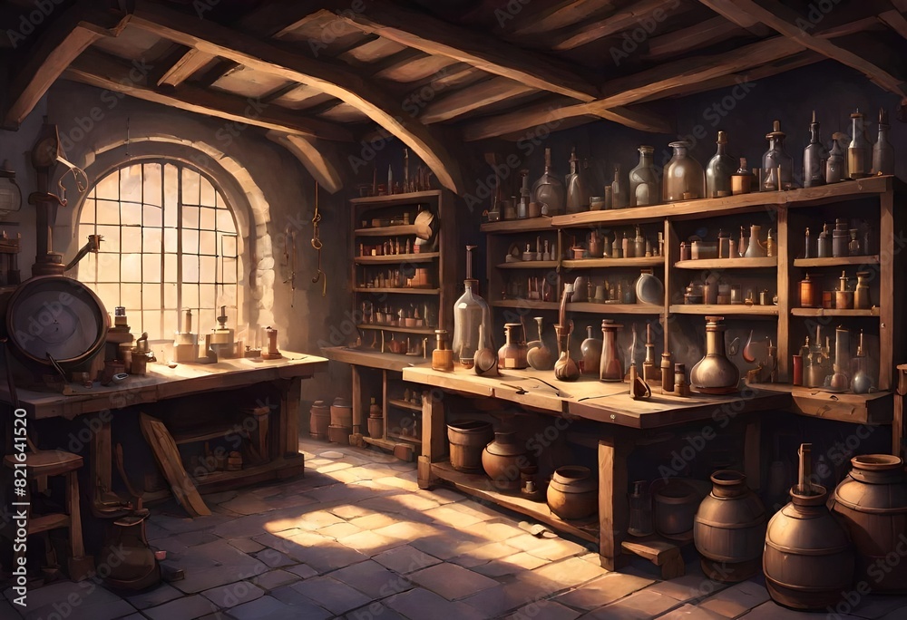 The Alchemist's Workshop: Depict an intricately detailed scene of an alchemist's laboratory