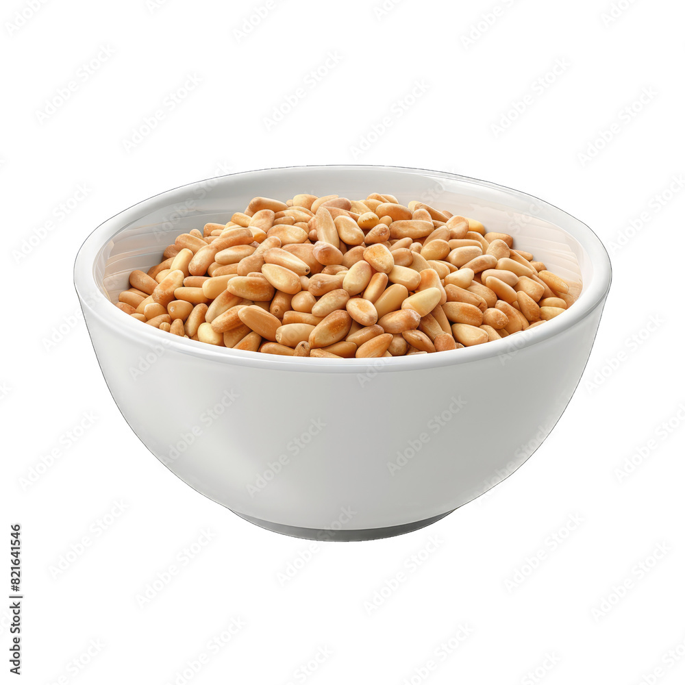 White bowl on pine nuts isolated on white background White bowl on pine nuts isolated on white background