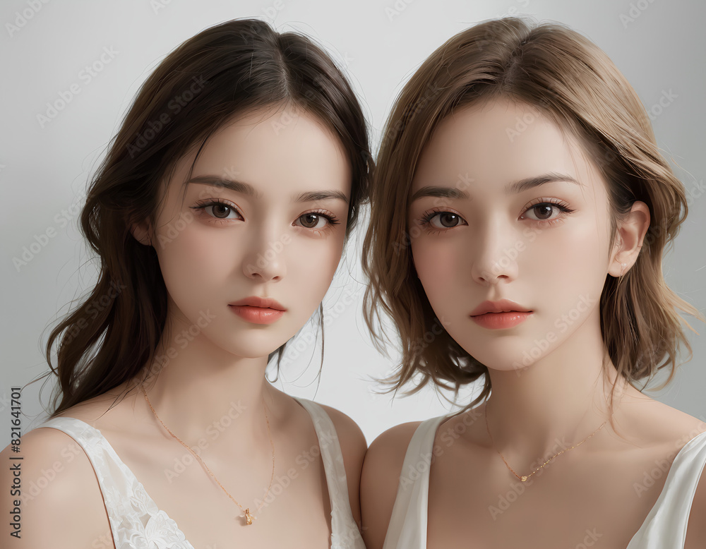 Close-Up Portrait of Two Young Women with Long Hair, Looking at Camera Close-Up Portrait of Two Young Women with Long Hair, Looking at Camera