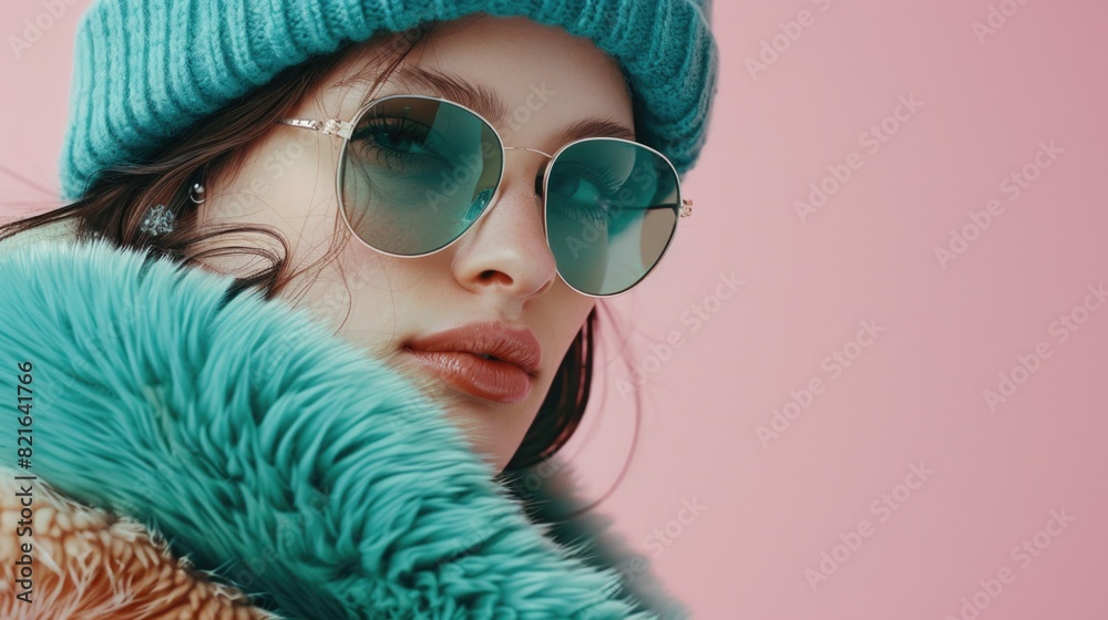 A woman wearing a blue hat and sunglasses. She is wearing a green fur coat
