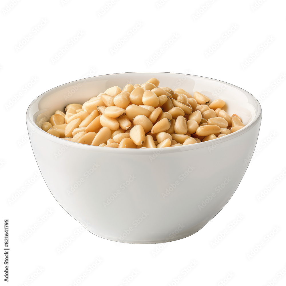 White bowl on pine nuts isolated on white background White bowl on pine nuts isolated on white background