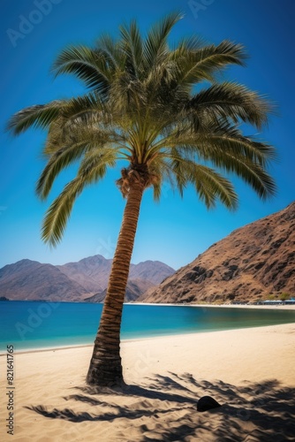 A palm tree is standing on a beach with a blue ocean in the background. The tree casts a shadow on the sand  creating a serene and peaceful atmosphere