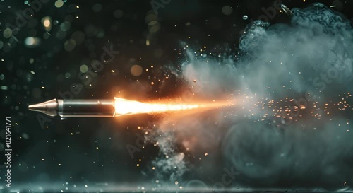 A dynamic close-up of a bullet fired from a gun, captured in mid-flight with a trail of smoke and sparks, highlighting the raw energy and speed of the projectile.