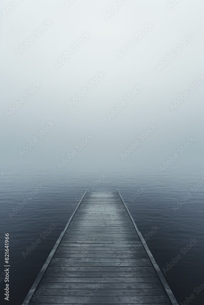 A wooden pier is shown in the distance with a foggy sky above. The water is calm and the pier is empty A wooden pier is shown in the distance with a foggy sky above. The water is calm and the pier is empty