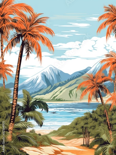 A painting of a beach with palm trees and mountains in the background. The mood of the painting is peaceful and serene