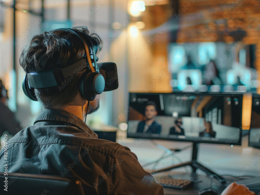 A man wearing a virtual reality headset is playing a video game. The room is dimly lit, and there are several monitors on the wall. The man is focused on the game A man wearing a virtual reality headset is playing a video game. The room is dimly lit, and there are several monitors on the wall. The man is focused on the game