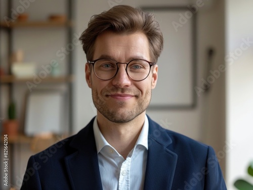 A man wearing a suit and glasses is smiling for the camera. Concept of professionalism and confidence
