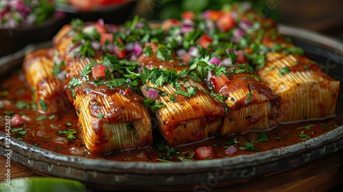 A serving of tamales with mole sauce.