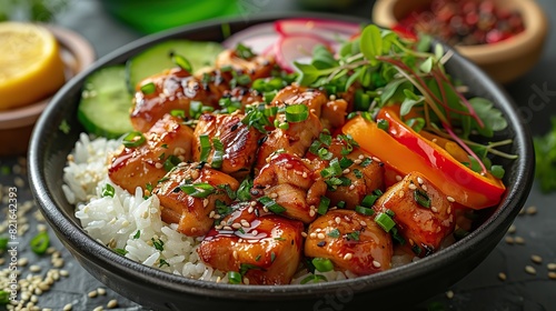 A serving of teriyaki chicken with steamed rice and vegetables.