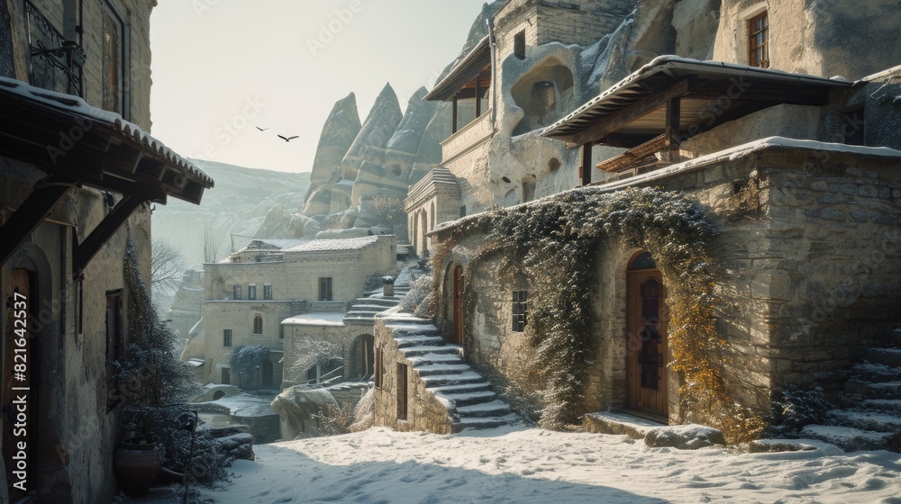 A snowy street with a stone building and a stone wall A snowy street with a stone building and a stone wall