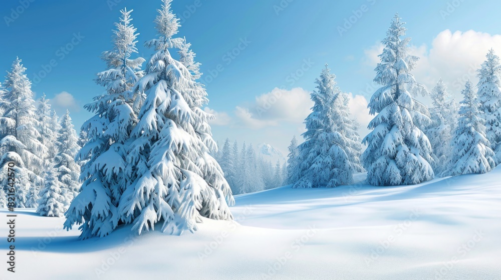 A snowy field with a few trees in the background. The trees are covered in snow and the sky is clear. The scene is peaceful and serene, with the snow covering the ground A snowy field with a few trees in the background. The trees are covered in snow and the sky is clear. The scene is peaceful and serene, with the snow covering the ground