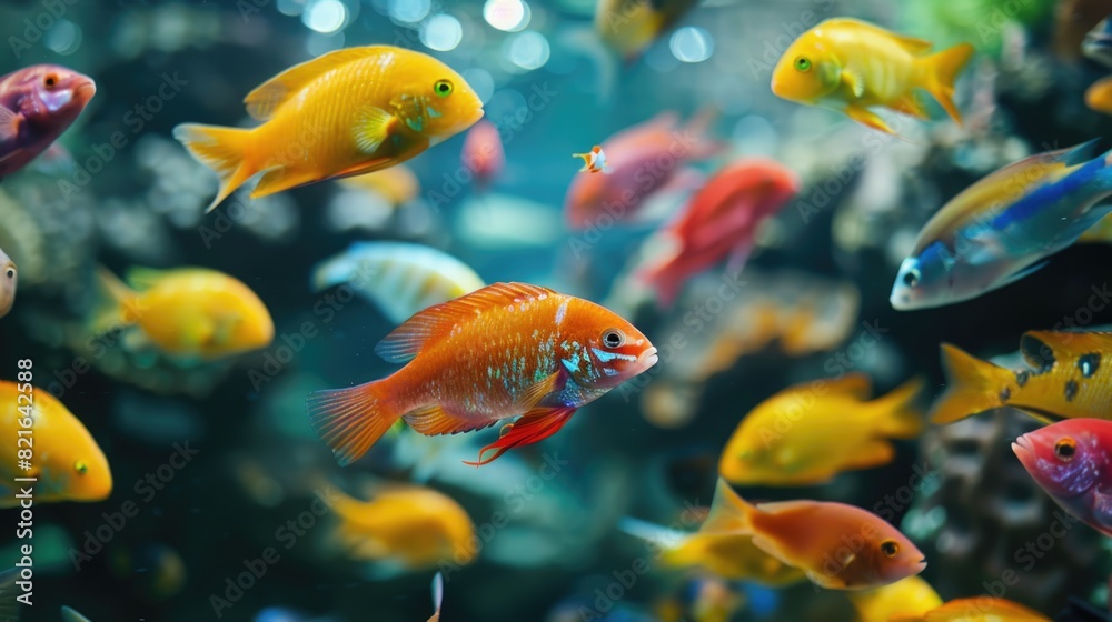 Naklejka premium A colorful fish tank with a variety of fish, including a yellow fish. The fish are swimming around and interacting with each other