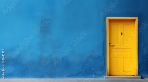 a yellow door next to a blue wall photo