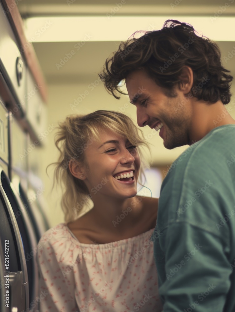 Obraz premium A man and a woman are smiling at each other in a laundromat. The man is wearing a blue shirt and the woman is wearing a pink shirt. They are both happy and enjoying each other's company