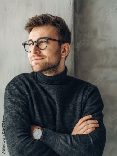 A man wearing glasses and a black sweater is smiling and looking at the camera. He is wearing a watch on his left wrist