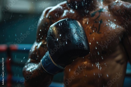 A man is holding a boxing glove and is drenched in sweat. Concept of hard work and dedication in the sport of boxing