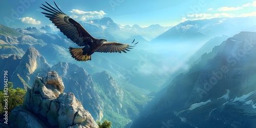 Majestic Eagle Soaring Over Breathtaking Mountain Gorge Symbolizing Freedom Elevation and Natural Serenity © Thares2020