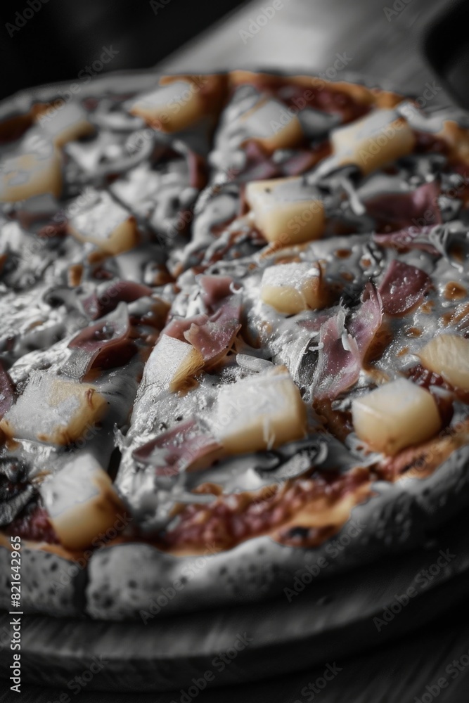 A pizza with ham and pineapple toppings sits on a wooden cutting board. The pizza is cut into slices, ready to be eaten A pizza with ham and pineapple toppings sits on a wooden cutting board. The pizza is cut into slices, ready to be eaten