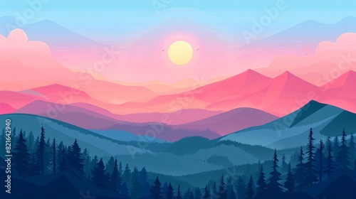 beautiful sunset scene at the mountains . an illustration of mountain at sunset scene . ai generative illustration