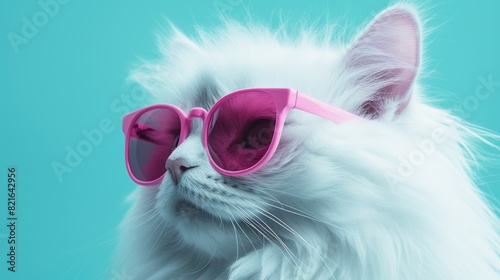 A cat wearing pink sunglasses is looking at the camera. The sunglasses are pink and the cat's fur is white