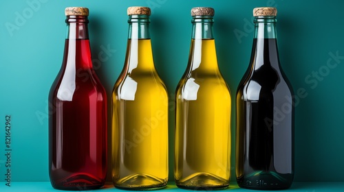 a row of bottles with different colored liquid