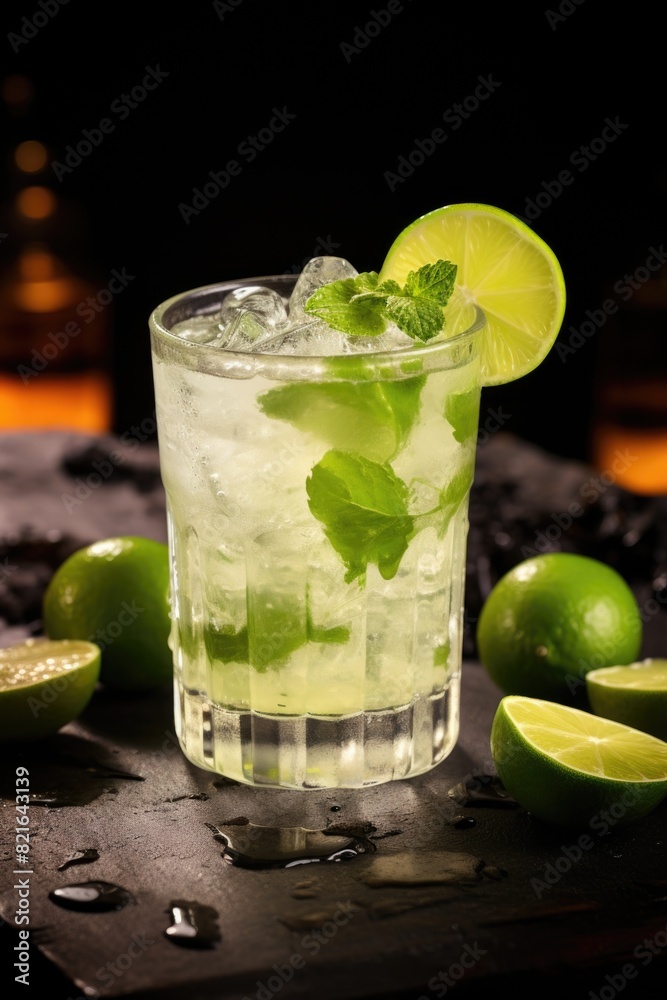 A glass of limeade with a lime slice on top. The glass is on a table with a few other limes A glass of limeade with a lime slice on top. The glass is on a table with a few other limes
