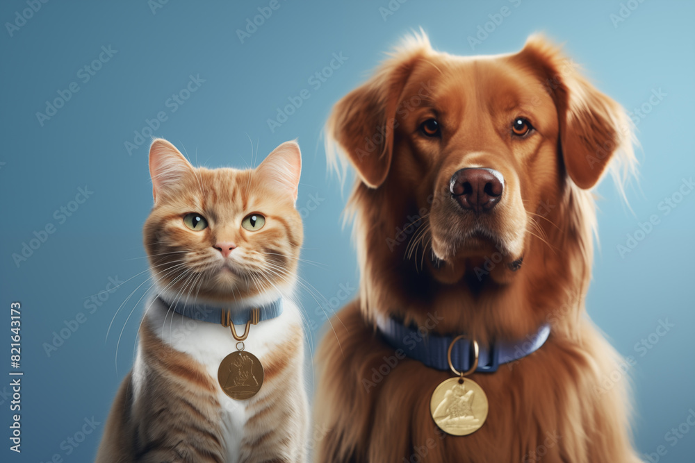a cat and dog with medals around neck a cat and dog with medals around neck