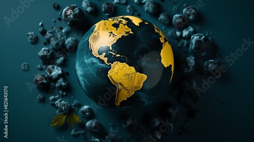 a gold and black earth with blue background