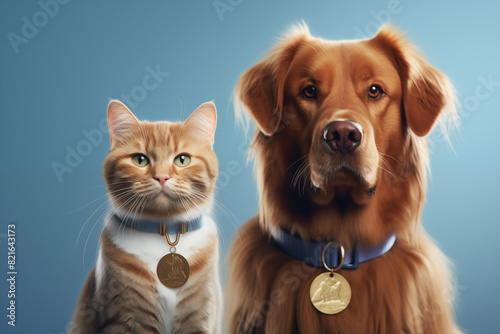 a cat and dog with medals around neck