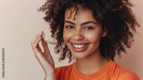 Young fun woman wear orange shirt casual clothes hold in hand invisible transparent aligners, invisalign bracer smile isolated on plain pastel light beige background studio portrait 