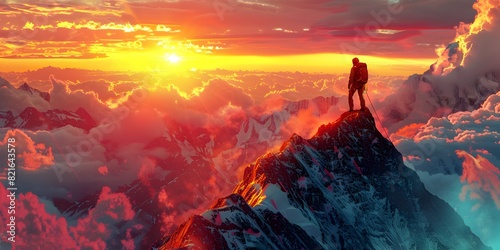 Conquering the Heights A Climber s Triumphant Sunrise Ascent to the Majestic Mountain Summit photo