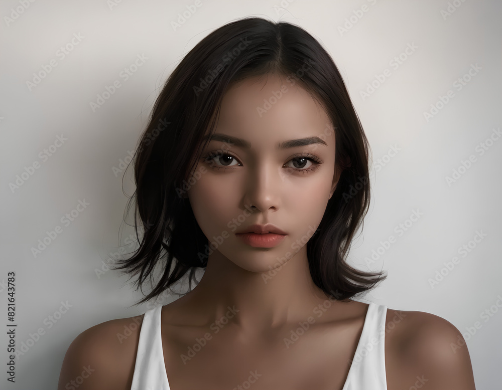 elegant close-up of a short-haired young woman, calm and composed elegant close-up of a short-haired young woman, calm and composed