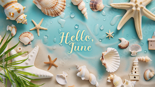 Background with summer-themed elements such as seashells, starfish, and sandcastles on the sides, in the center the text 