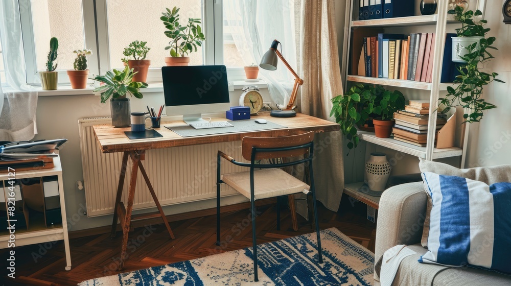 A cozy home office with modern decor, showcasing a peaceful workspace without any logos; ideal for marketing and advertising related to remote work A cozy home office with modern decor, showcasing a peaceful workspace without any logos; ideal for marketing and advertising related to remote work
