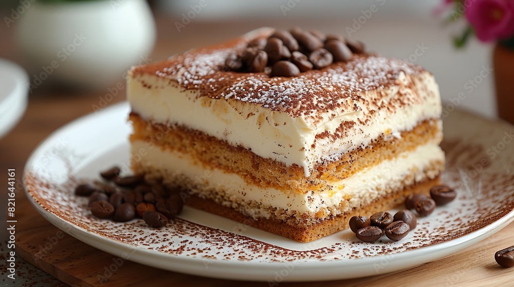 A slice of tiramisu with layers of coffee-soaked sponge and mascarpone. A slice of tiramisu with layers of coffee-soaked sponge and mascarpone.