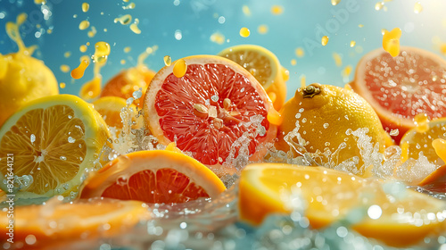 A vibrant scene of citrus fruits  including oranges  lemons  and grapefruits  float playfully in a clear blue sky  surrounded by a burst of yellow  orange  and pink fruit juice.