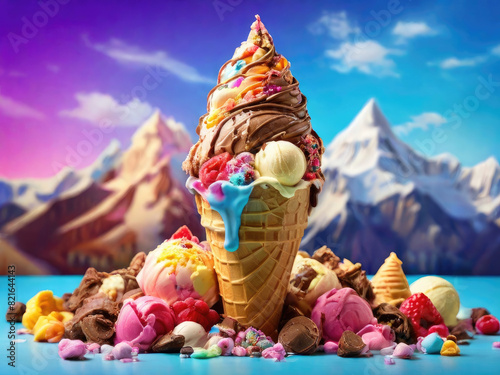 ice cream cone with many colorful toppings, melting ice cream, ice cream with mountain, ice cream cone, ice mountain cream cone, ice cream with colorful background with Generative AI Techonology