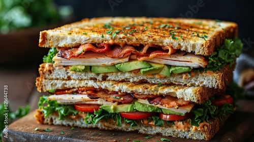 A towering club sandwich with layers of turkey, bacon, and avocado. photo
