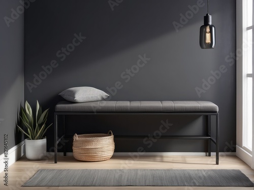 minimalist composition of cosy entryway with grey bench, black consola, hanger and lamp, Charcoal wall