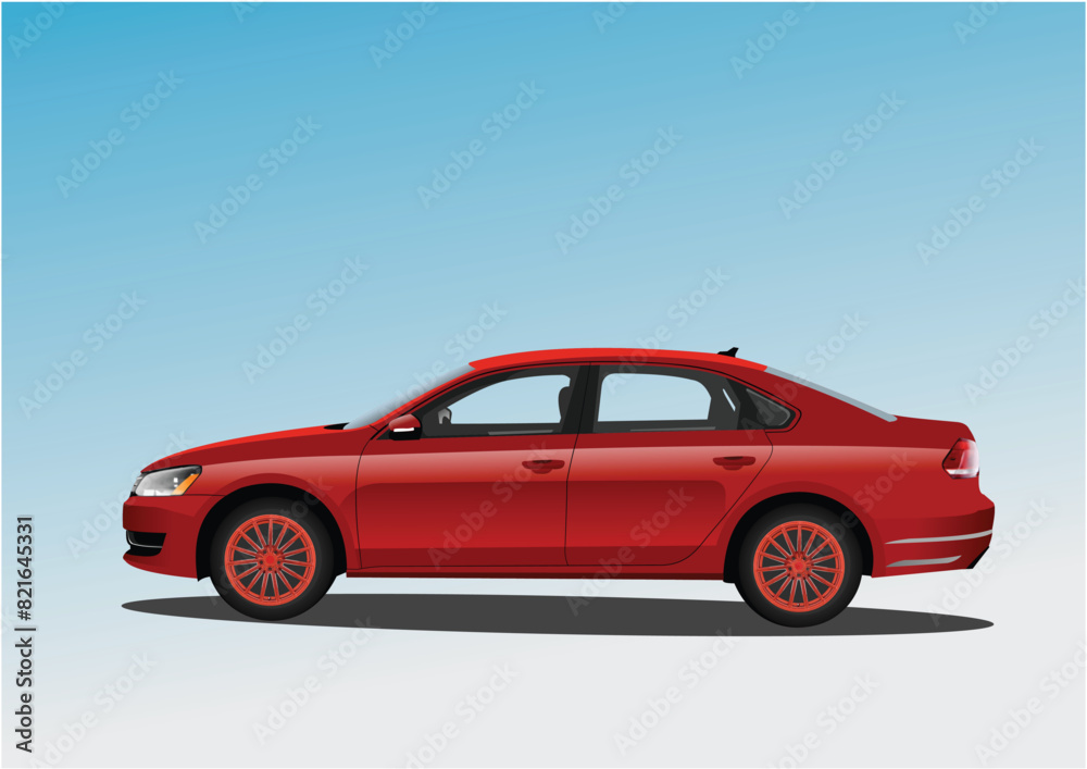 Red car sedan on the road. Vector 3d hand drawn illustration