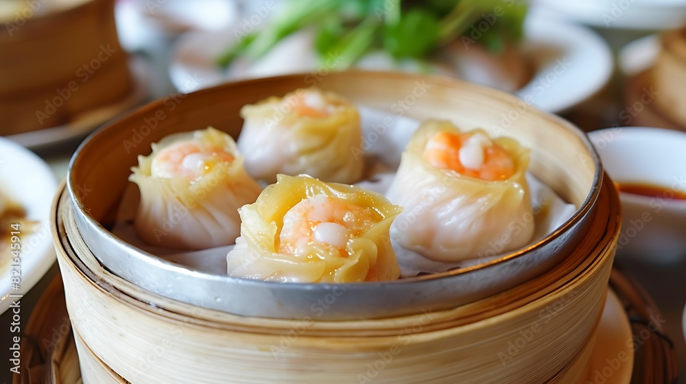 chicken dimsum served in bamboo plate chicken dimsum served in bamboo plate